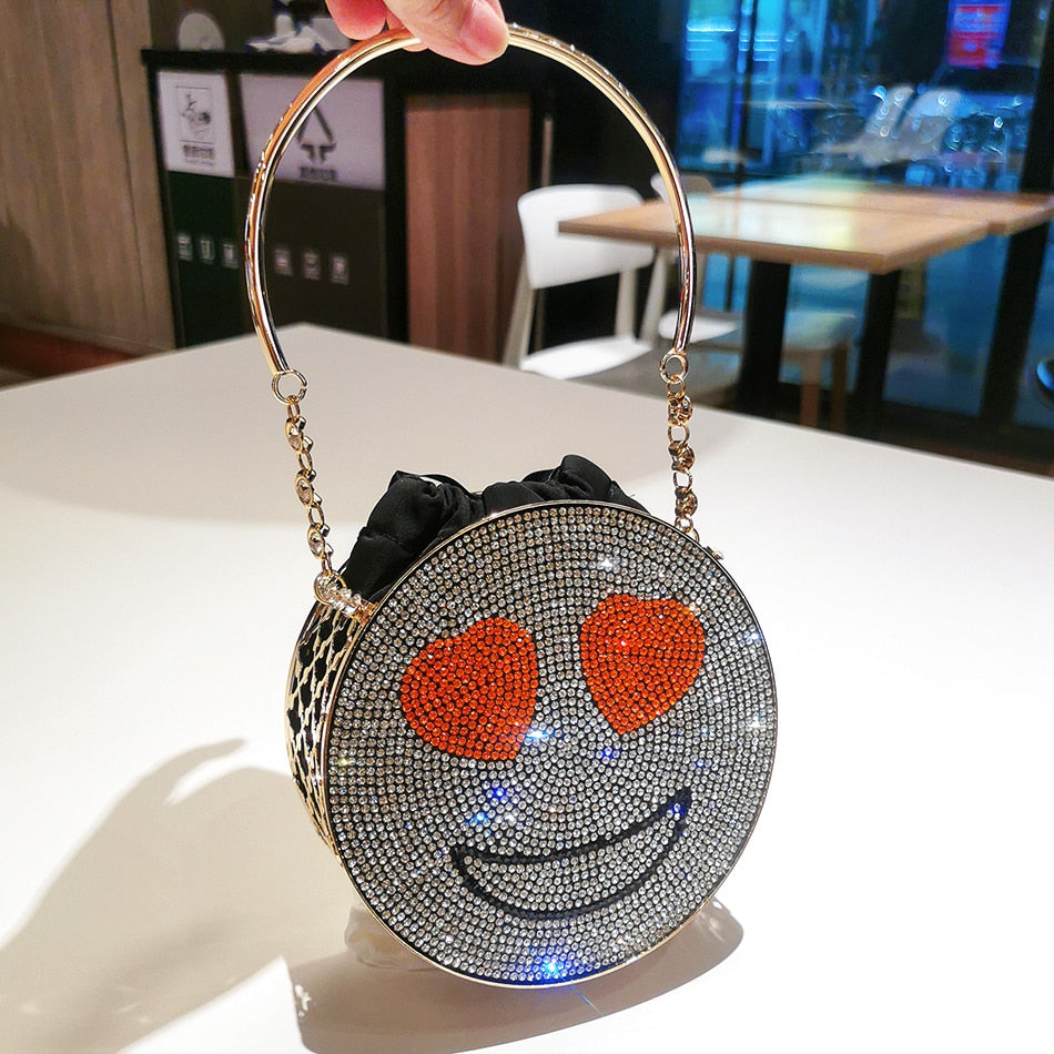 Diamond Smiling Face Evening Bag Women New Cute Alloy Metal Mini Circular Dinner Purse And Handbag