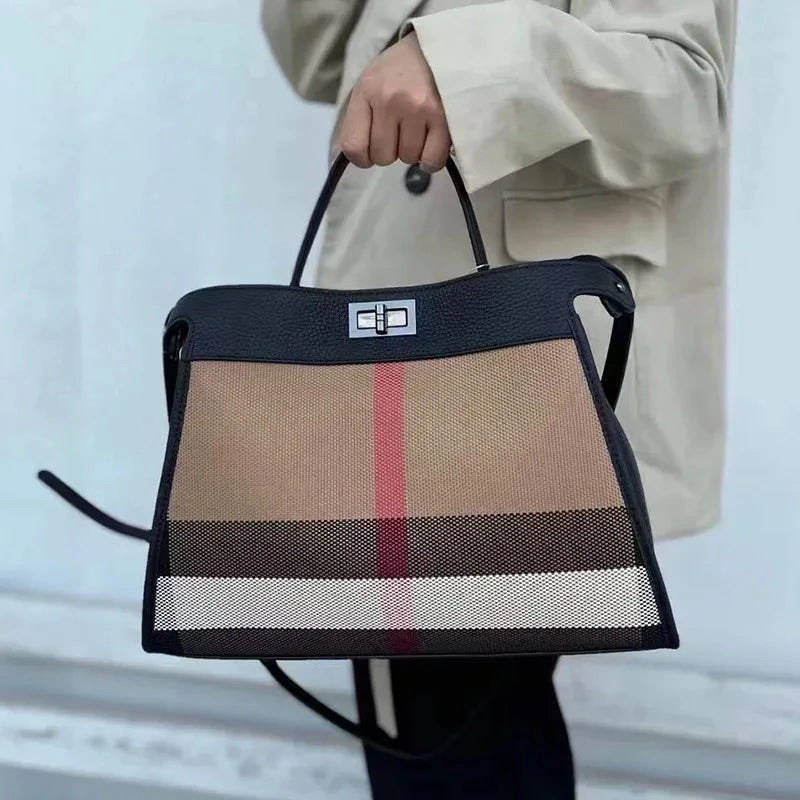 Striped Canvas Leather Womens Bag Casual Totes