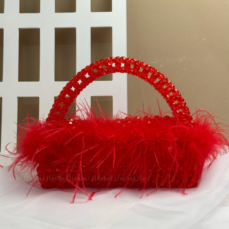 Pearl bead bag with Ostrich feather fur designer brand Clear Acrylic crystal stone box tote handbag women handmade party purse