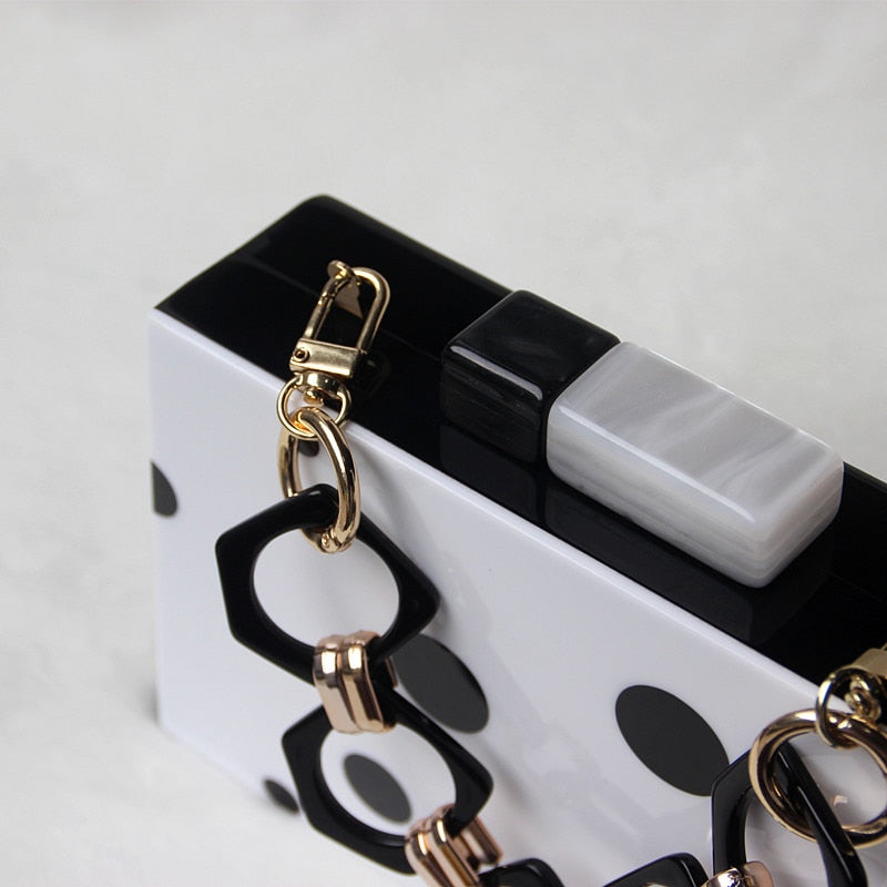 Women New One Shoulder Diagonal Bag Fashion Acrylic Dinner Wedding Bag Black And White Polka Dot Handbag