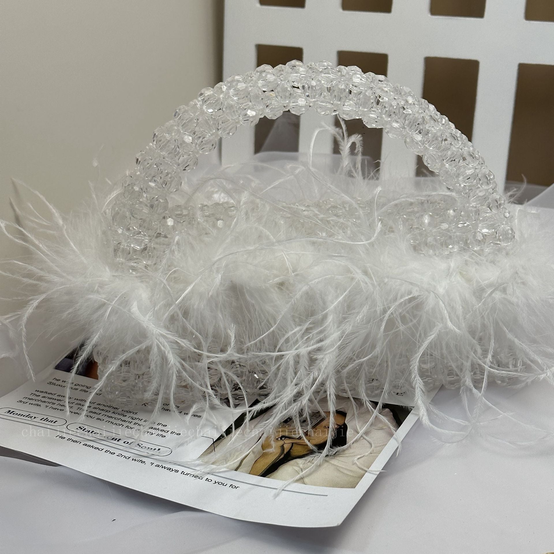 Pearl bead bag with Ostrich feather fur designer brand Clear Acrylic crystal stone box tote handbag women handmade party purse