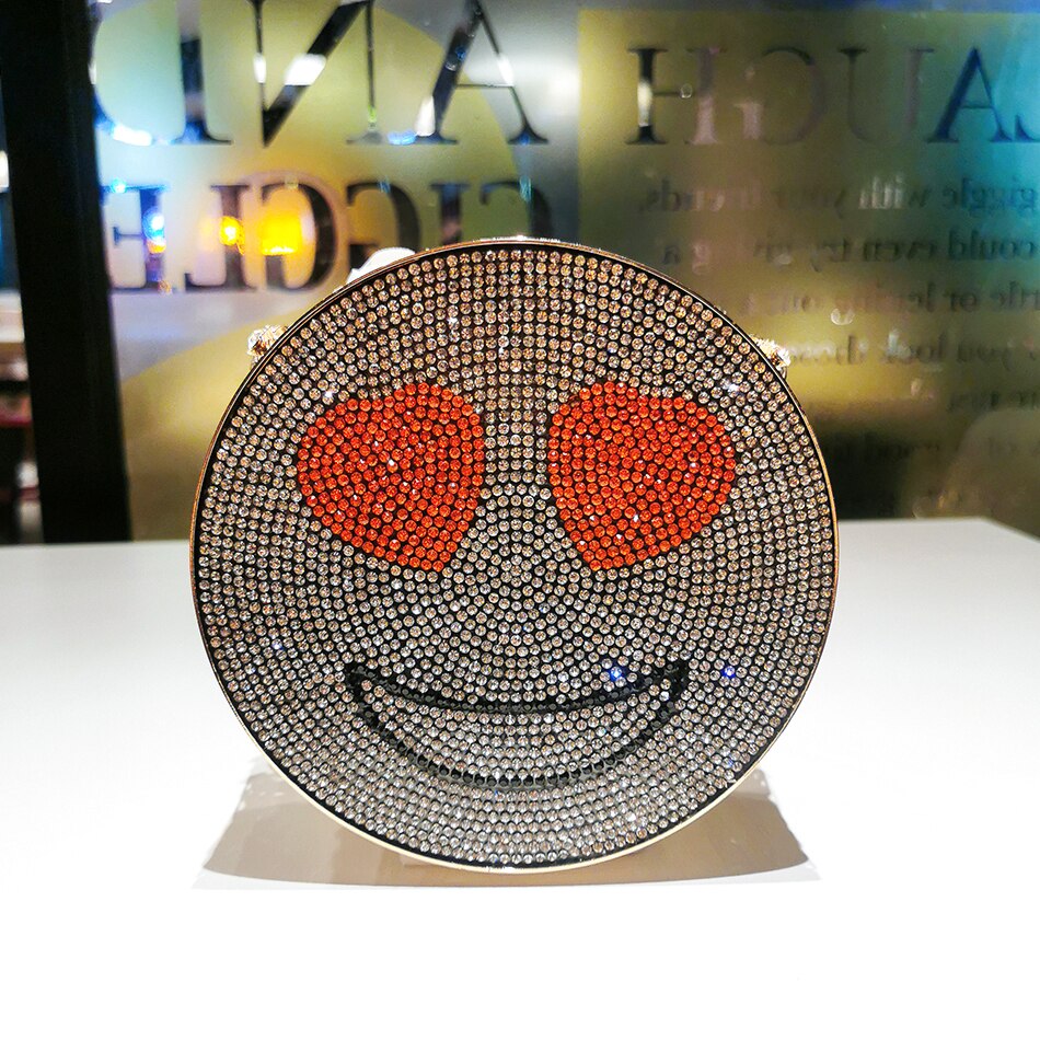 Diamond Smiling Face Evening Bag Women New Cute Alloy Metal Mini Circular Dinner Purse And Handbag