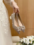 Silver French style mid heeled shoes for women's new square buckle wedding shoes and bridesmaid shoes