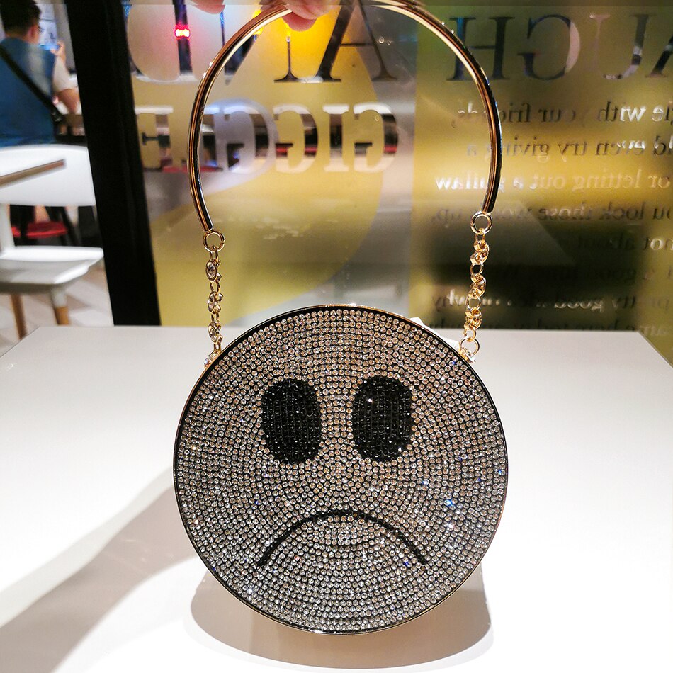 Diamond Smiling Face Evening Bag Women New Cute Alloy Metal Mini Circular Dinner Purse And Handbag