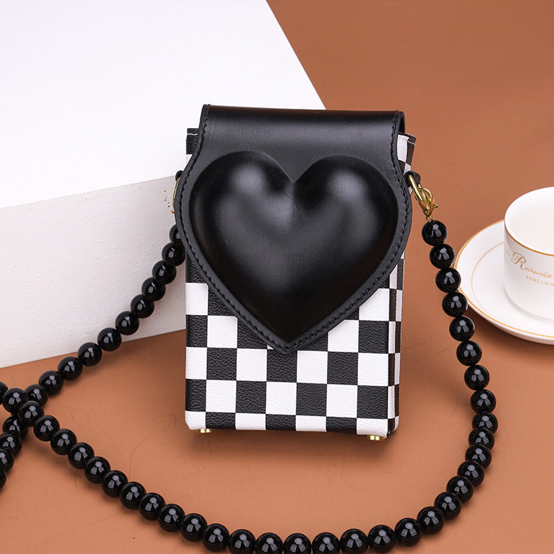 Spades Heart Checkerboard Messenger Small Square Bag Mini Vertical Mobile Phone Bag New Beaded Contrast Color Shoulder Bag Ins