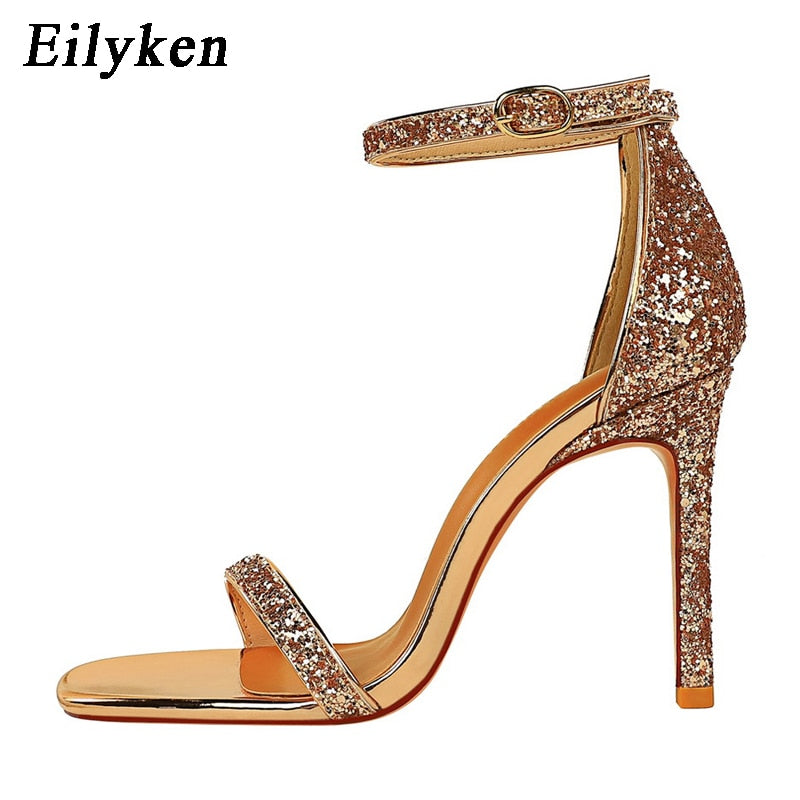 Eilyken Silver Champagne Sexy High heels Women Sandals Buckle Strap Gladiator Women Sandals Stiletto Wedding Rhine Stone
