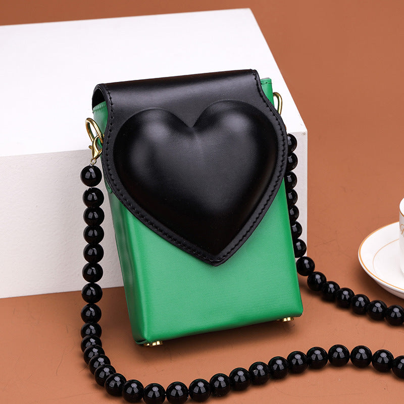 Spades Heart Checkerboard Messenger Small Square Bag Mini Vertical Mobile Phone Bag New Beaded Contrast Color Shoulder Bag Ins