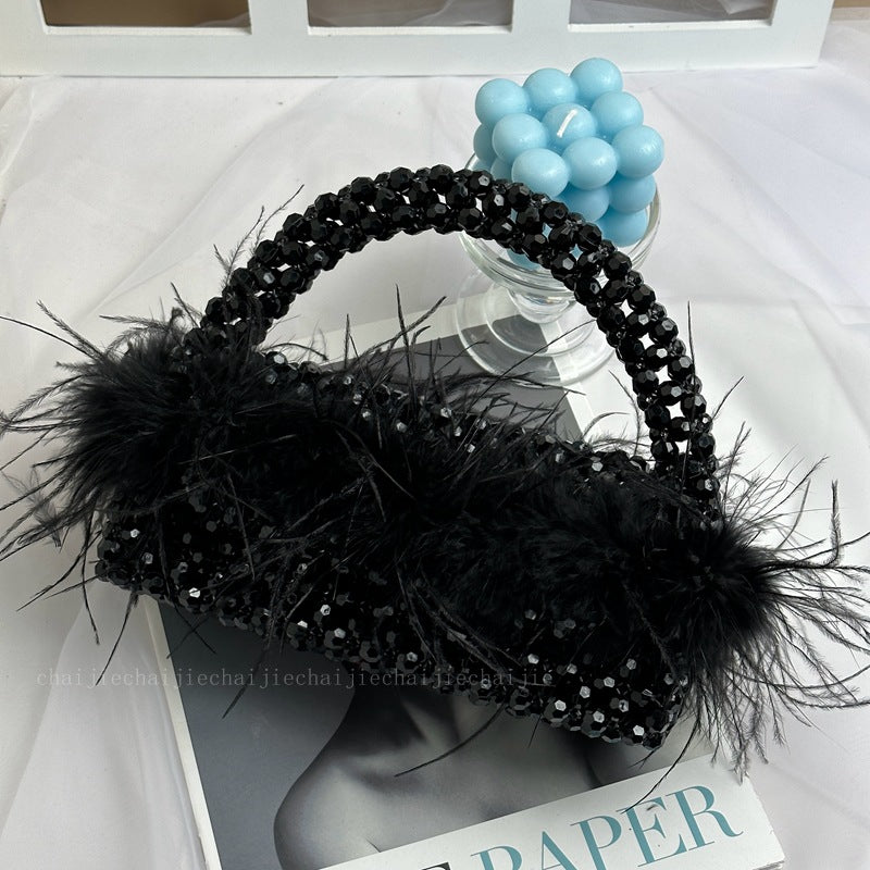 Pearl bead bag with Ostrich feather fur designer brand Clear Acrylic crystal stone box tote handbag women handmade party purse