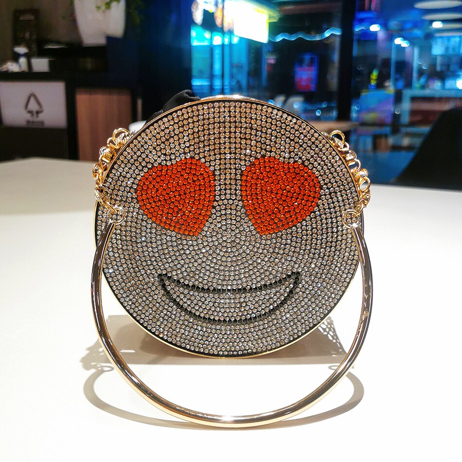 Diamond Smiling Face Evening Bag Women New Cute Alloy Metal Mini Circular Dinner Purse And Handbag