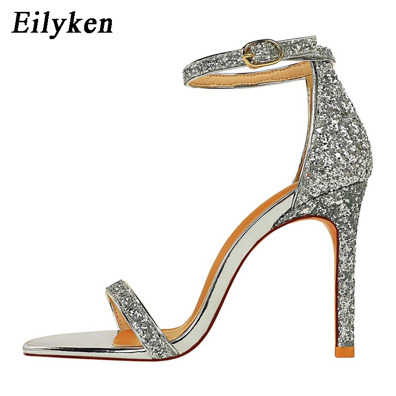 Eilyken Silver Champagne Sexy High heels Women Sandals Buckle Strap Gladiator Women Sandals Stiletto Wedding Rhine Stone
