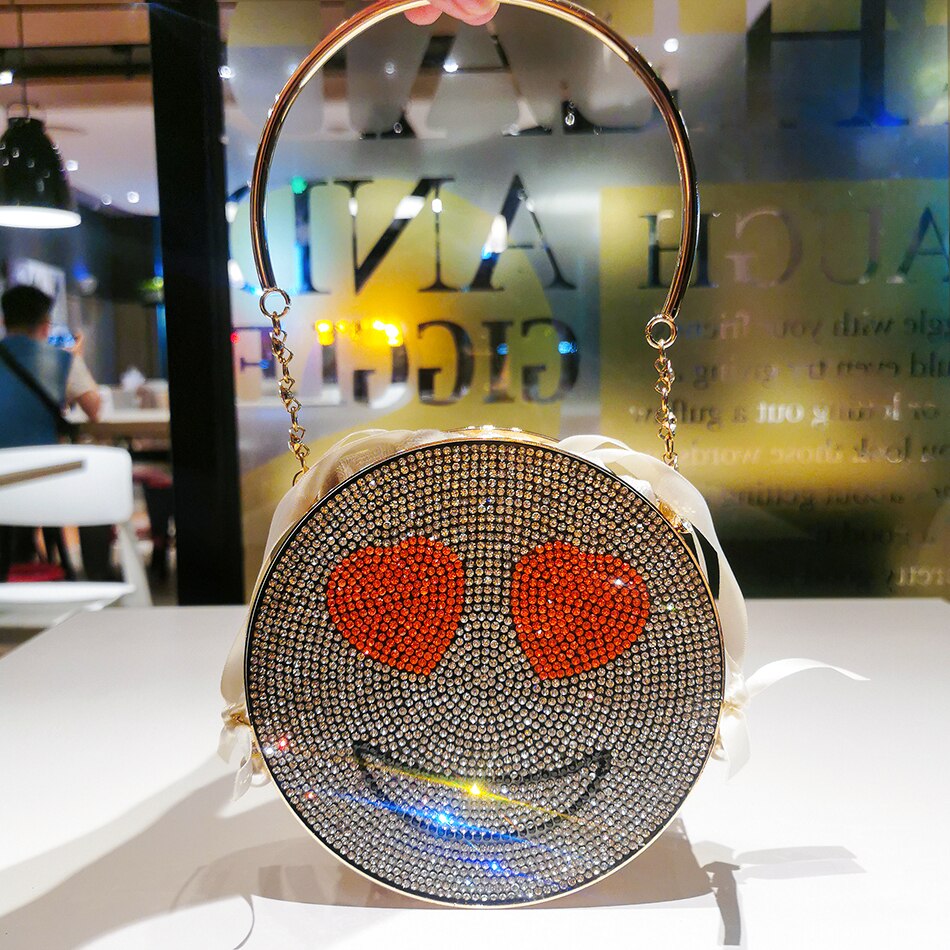 Diamond Smiling Face Evening Bag Women New Cute Alloy Metal Mini Circular Dinner Purse And Handbag