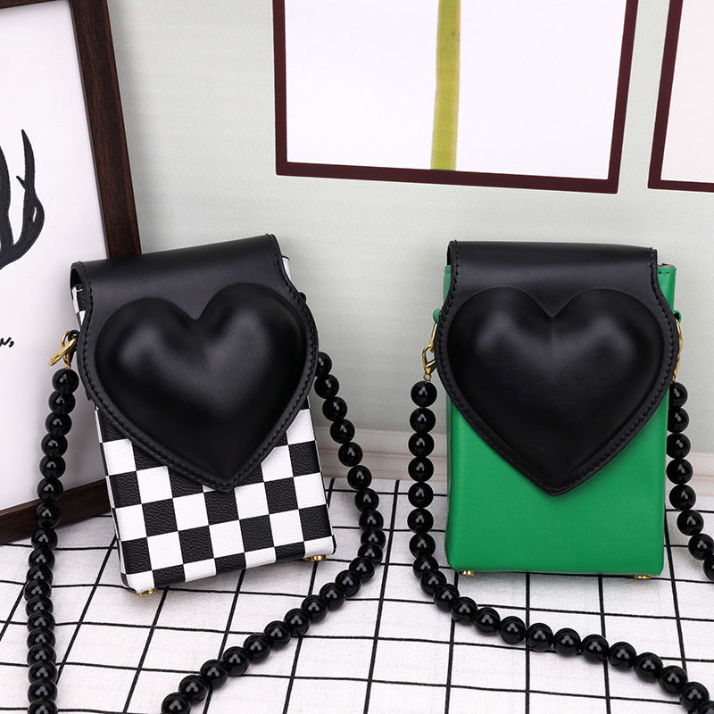 Spades Heart Checkerboard Messenger Small Square Bag Mini Vertical Mobile Phone Bag New Beaded Contrast Color Shoulder Bag Ins