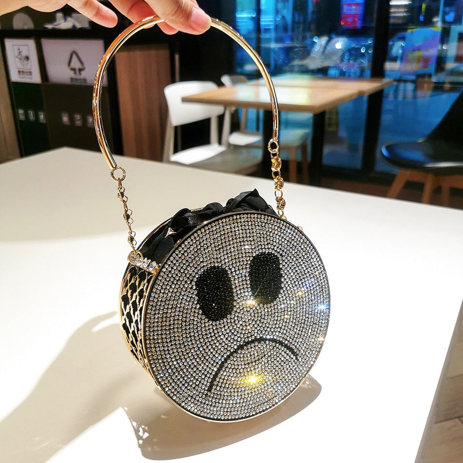 Diamond Smiling Face Evening Bag Women New Cute Alloy Metal Mini Circular Dinner Purse And Handbag