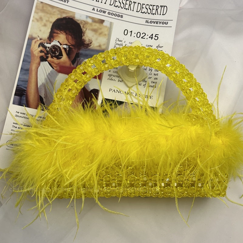 Pearl bead bag with Ostrich feather fur designer brand Clear Acrylic crystal stone box tote handbag women handmade party purse