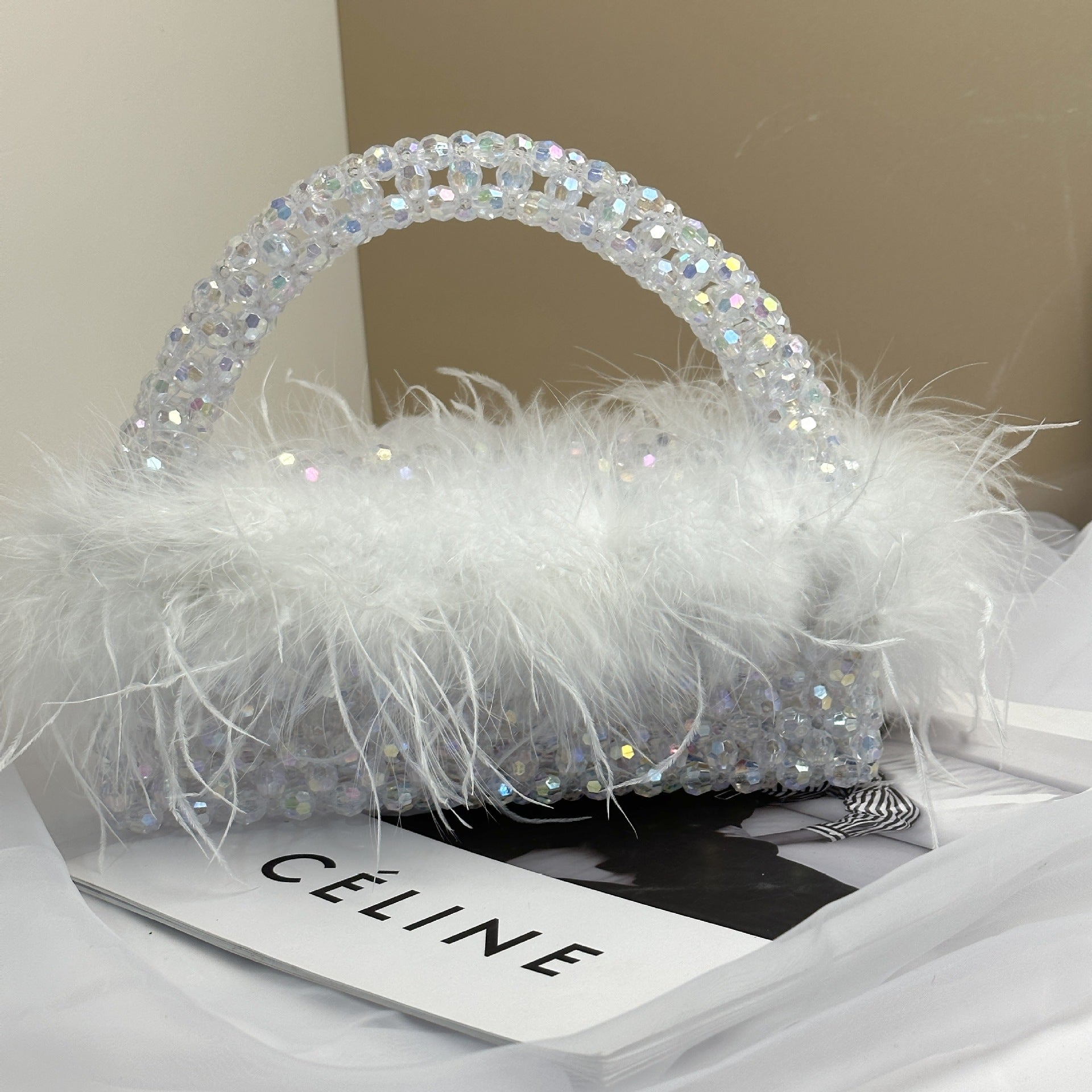 Pearl bead bag with Ostrich feather fur designer brand Clear Acrylic crystal stone box tote handbag women handmade party purse