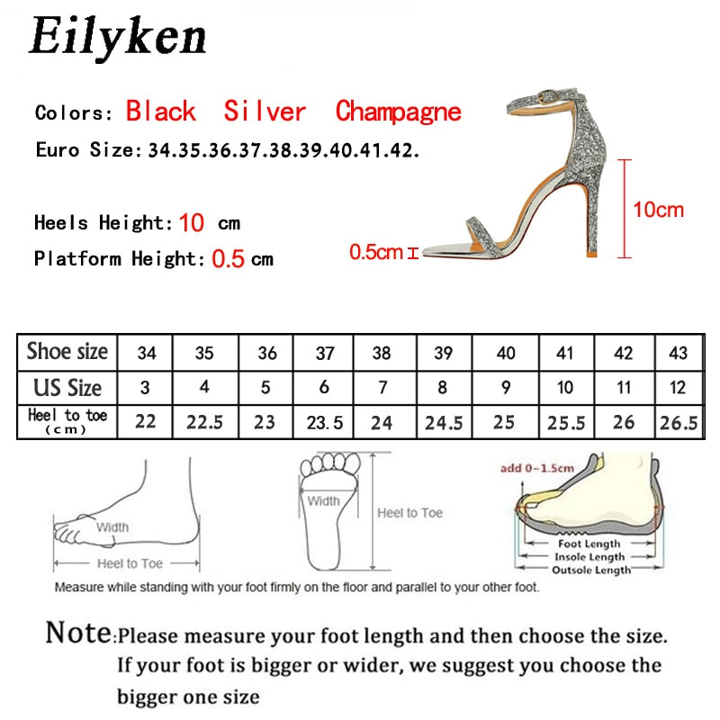 Eilyken Silver Champagne Sexy High heels Women Sandals Buckle Strap Gladiator Women Sandals Stiletto Wedding Rhine Stone