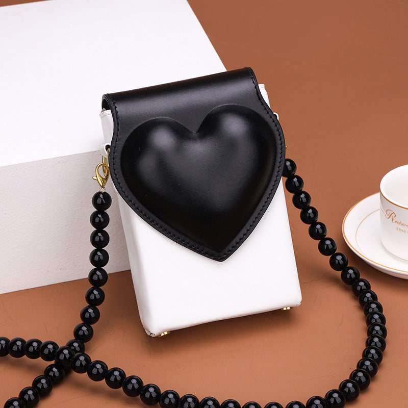 Spades Heart Checkerboard Messenger Small Square Bag Mini Vertical Mobile Phone Bag New Beaded Contrast Color Shoulder Bag Ins