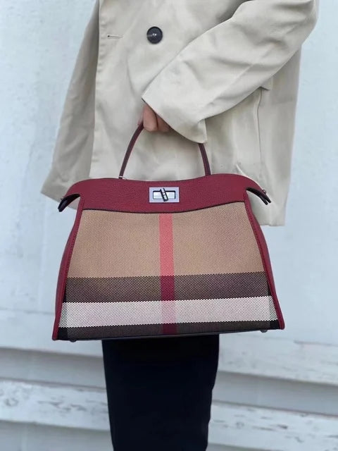 Striped Canvas Leather Womens Bag Casual Totes