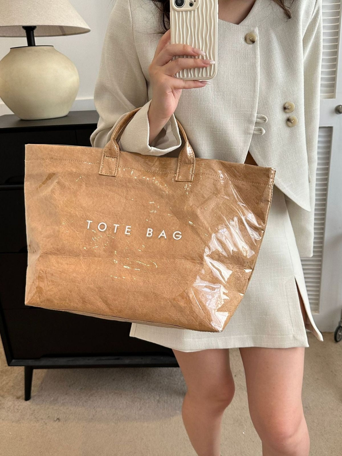 Fashionable Retro Dupont Paper Bag Women's Large Capacity Kraft Paper Handbag Shopping Bag Trendy