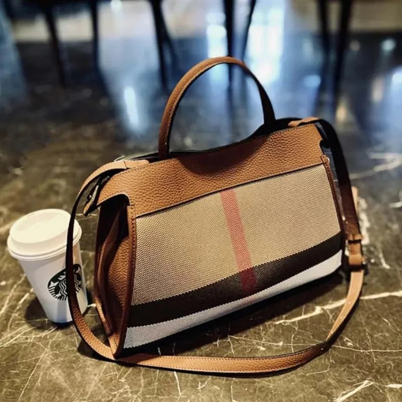 Striped Canvas Leather Womens Bag Casual Totes